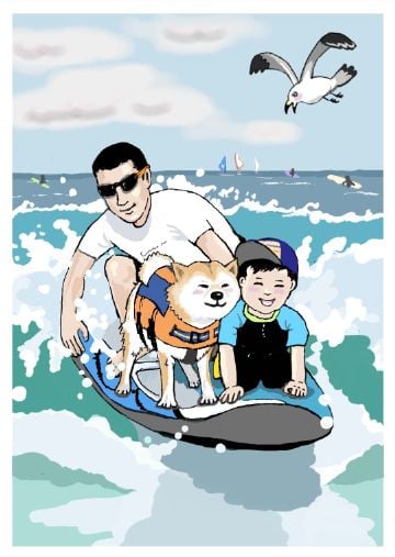 せいじろう、みかんと孫と波に乗る